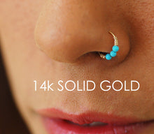 Load image into Gallery viewer, 14k Gold Boho Nose Hoop with Turquoise Beads
