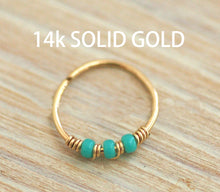 Load image into Gallery viewer, 14k Gold Nose Hoop with Turquoise Beads

