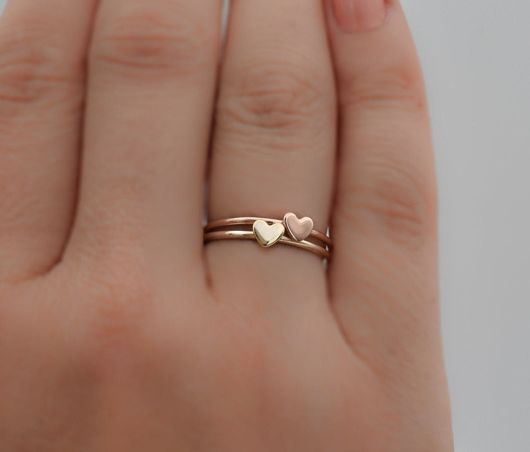 Set of 2 14k Mixed Yellow and Rose Gold Tiny Heart Rings