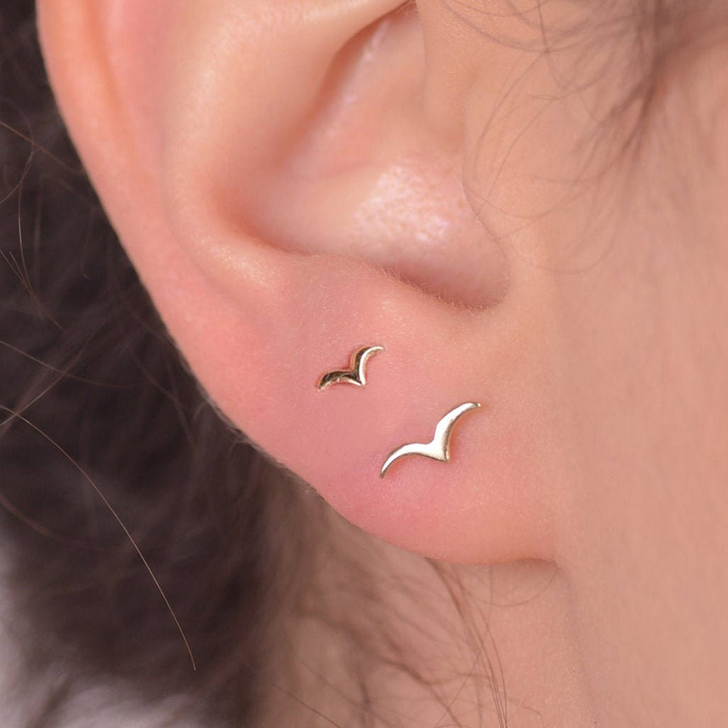 14K Gold Tiny Birds Stud Earrings