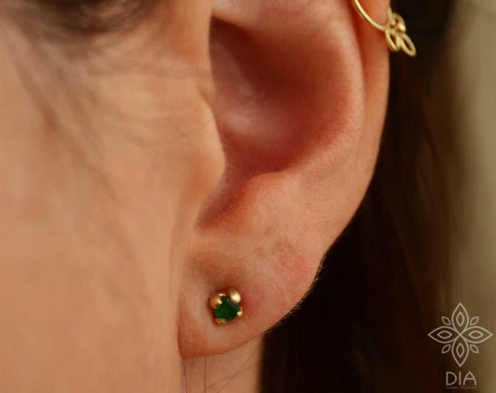 14k Solid Gold Natural Emerald Stud Earrings - One Pair - Elena
