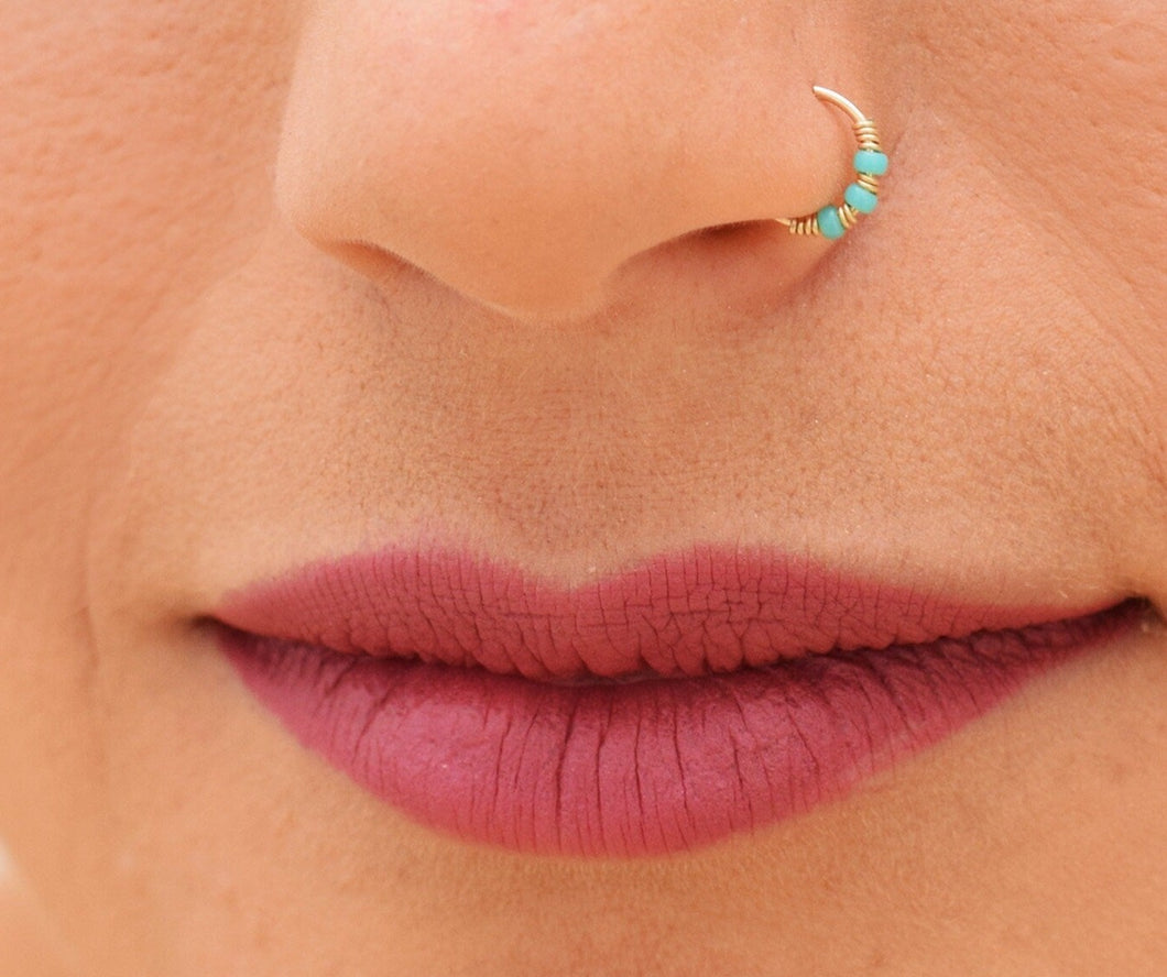 14k Gold Nose Hoop with Turquoise Beads
