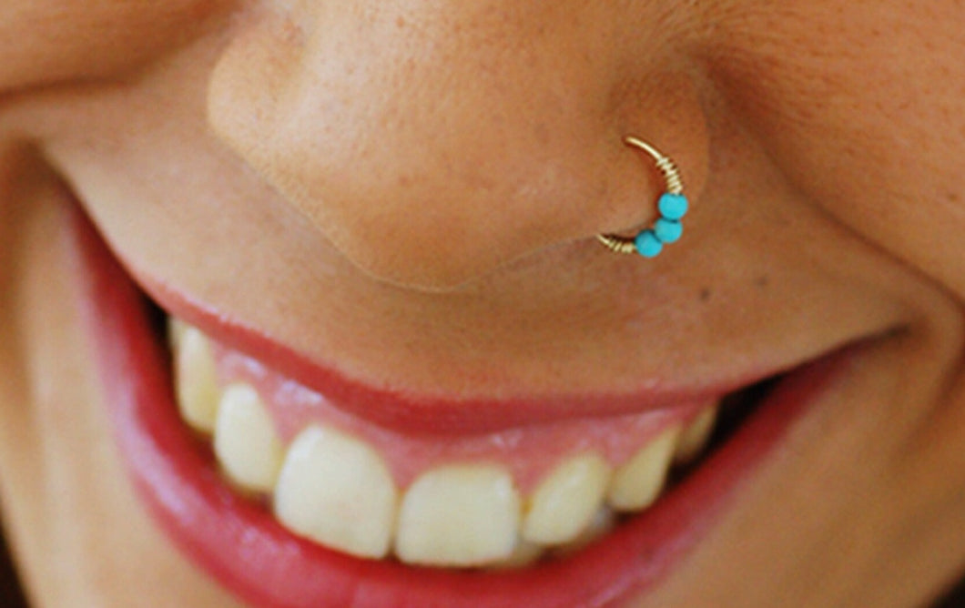 14k Gold Boho Nose Hoop with Turquoise Beads