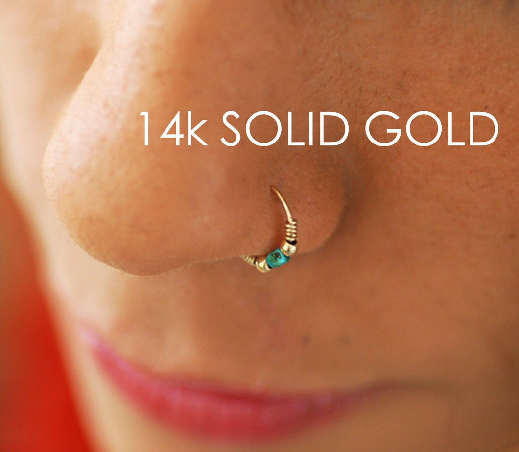 14K Gold Beaded Turquoise Nose Hoop