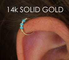 Load image into Gallery viewer, 14k Gold Nose Hoop with Turquoise Beads
