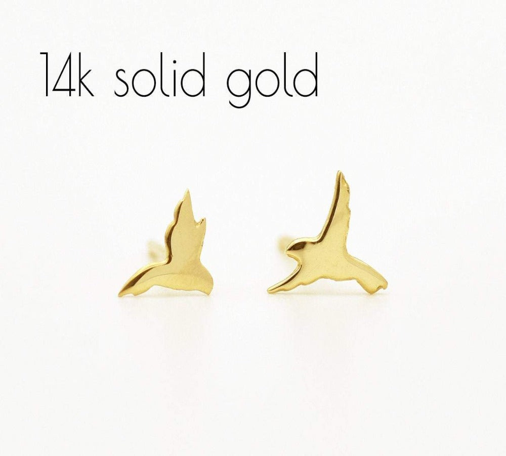 14k Gold Studs Earrings - Flying Sparrow - One Pair
