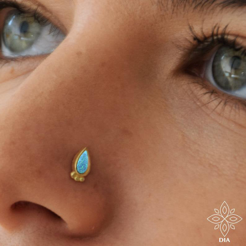 14k Solid Gold Blue Opal Drop Stud Earring - Audrey