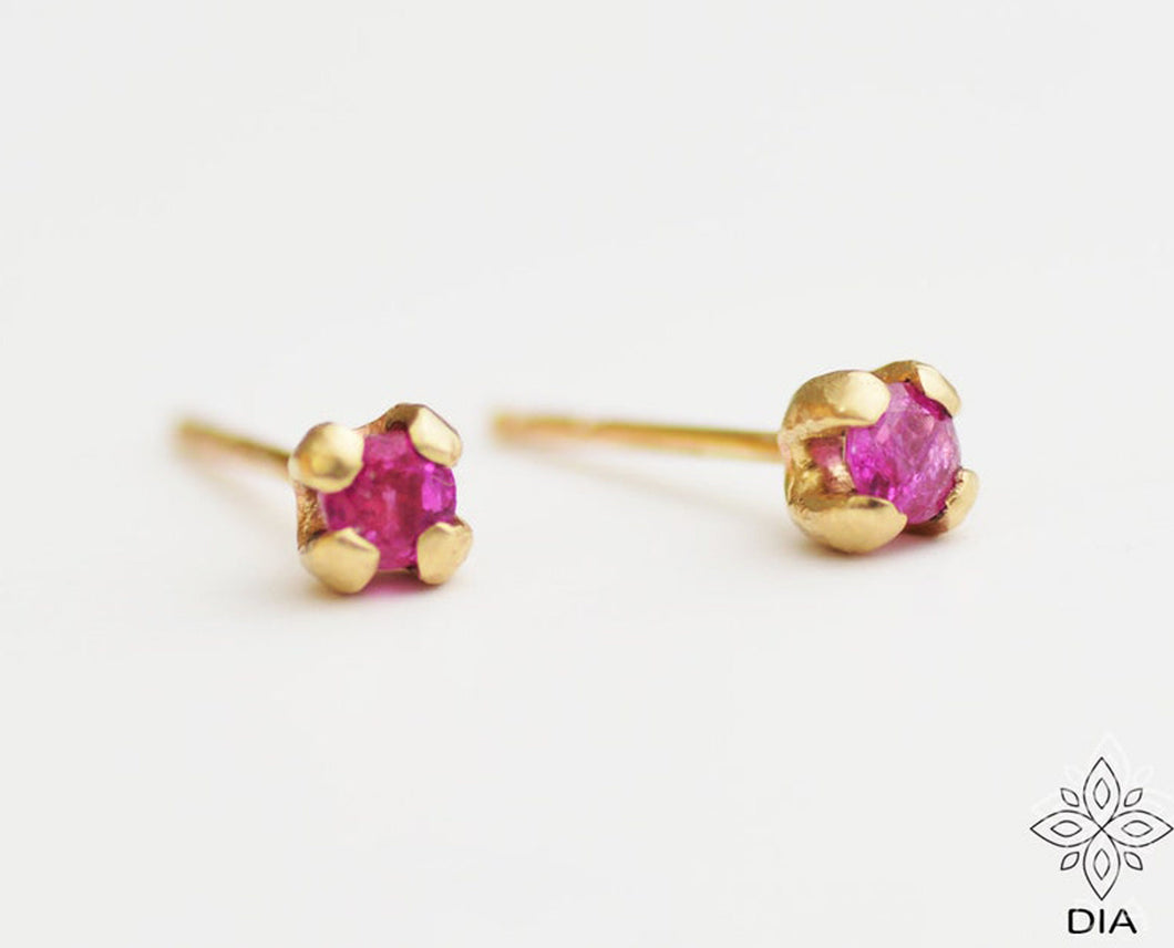 14k Gold Tiny Pink Ruby Stud Earrings