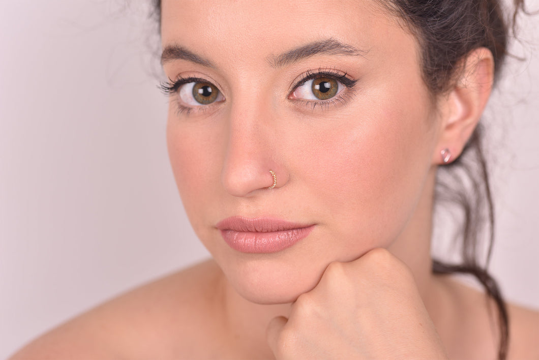 14k Solid Gold Floral Leaves Nose Hoop Earring - Maya