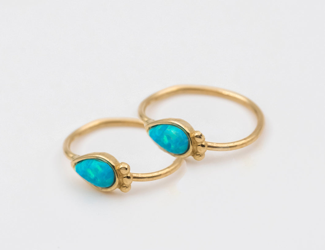 14K Gold Blue Opal Hoop Huggie Earrings