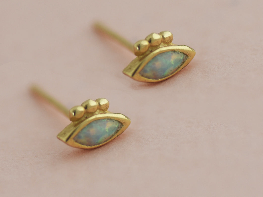 14k Gold Tiny Evil Eye Opal Stud Earrings